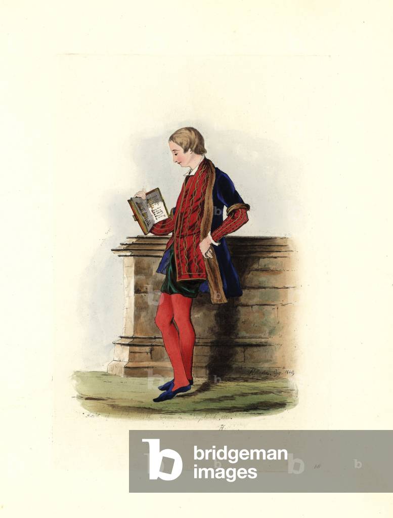 Outfit of King Edward VI (1537-1553), representing age 13 in 1550, wearing a velvet cape with short sleeves, on an embroidered tunic, velvet trousers and stockings. From a portrait of Hans Holbein (1497-1543). Lithograph by Charles Martin, engraving by Leopold Martin, published in “” Costumes civils d'Angleterre depuis la conquete à nos jours”, 1842, London.