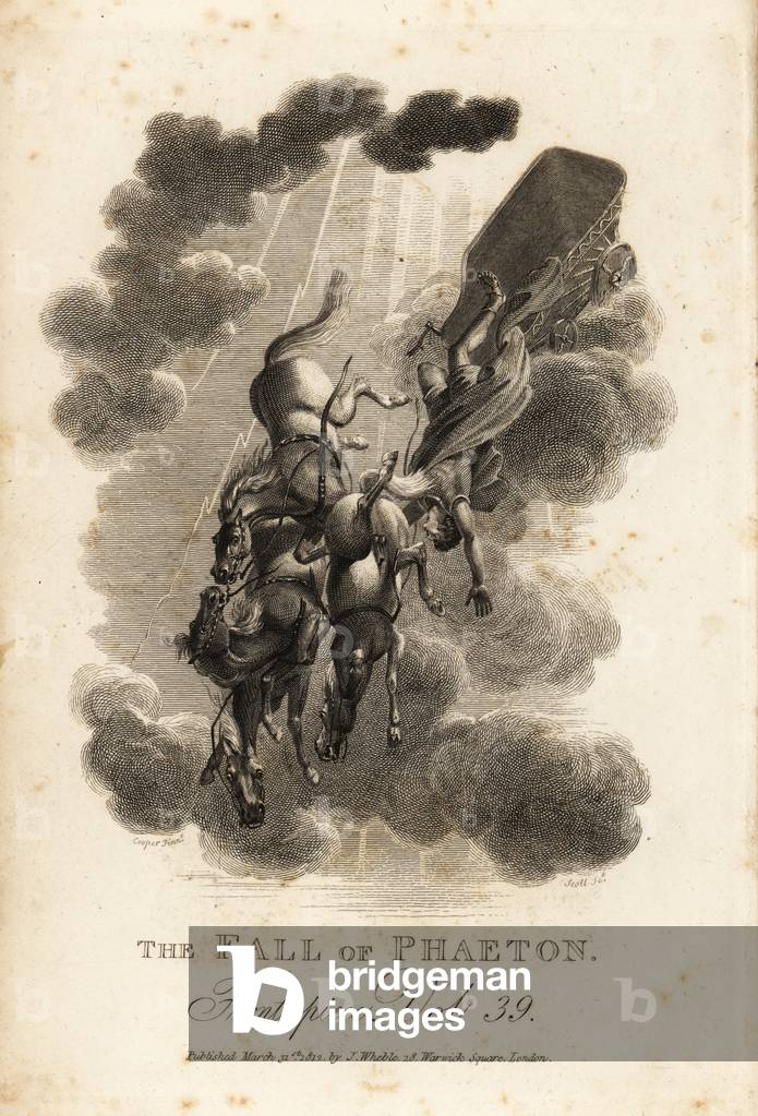 Allegorical illustration of Phaethon, son of Helios and the Oceanid Clymene, falling out of the sky while driving the Sun Chariot