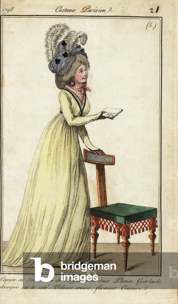 Fashionable woman with chair, 1798 (handcoloured copperplate engraving)