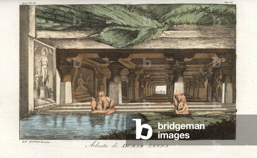 Bas relief and sculpture at the entrance to Dhumar Lena, Cave 29, of the Ellora Caves, Hindu and Jain rock-cut temples. Handcoloured copperplate drawn and engraved by Andrea Bernieri from Giulio Ferrario's Ancient and Modern Costumes of all the Peoples of the World, Florence, Italy, 1844.