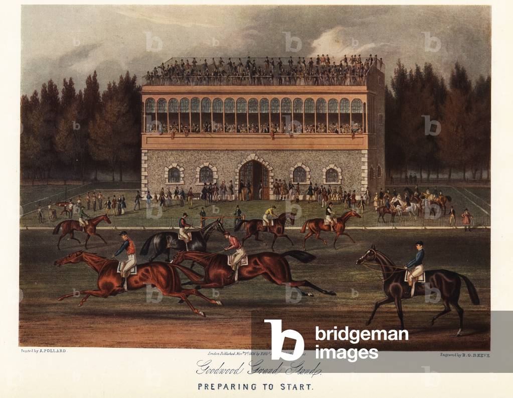 Horses and jockeys warming up at Goodwood Racecourse in front of fashionable crowds in the Grand Stand. Preparing to start a thoroughbred race at the Goodwood track, Sussex, 1836. Color print after an engraving by R.G. Reeve from a painting by James Pollard in Ralph Nevill’s Old Sporting Prints, The Connoisseur Magazine, London, 1908.