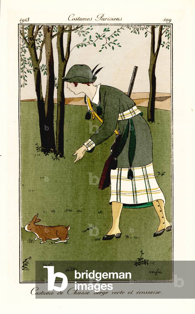 Woman with shotgun in hunting outfit of green and tartan serge.