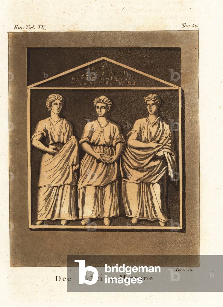 Triple deities of the ancient Germans, Mairae or Mairabus (handcoloured copperplate engraving)