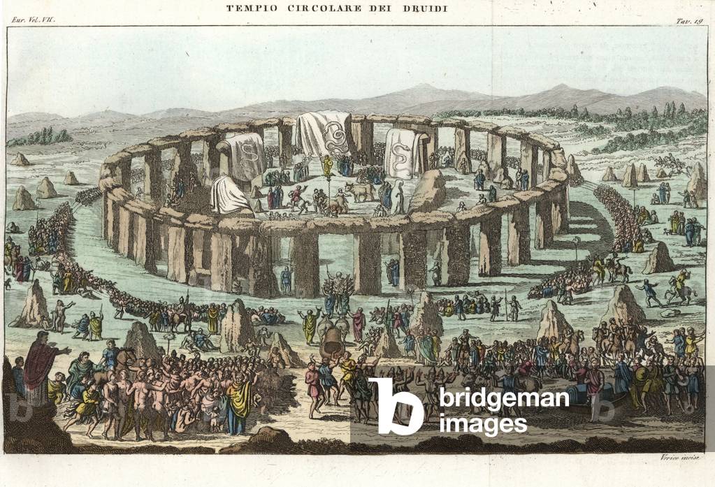 Ancient Druidic ceremony at Stonehenge, with the stones hung with curtains depicting serpents. Handcoloured copperplate engraving by Verico from Giulio Ferrario's Costumes Ancient and Modern of the Peoples of the World, 1847.