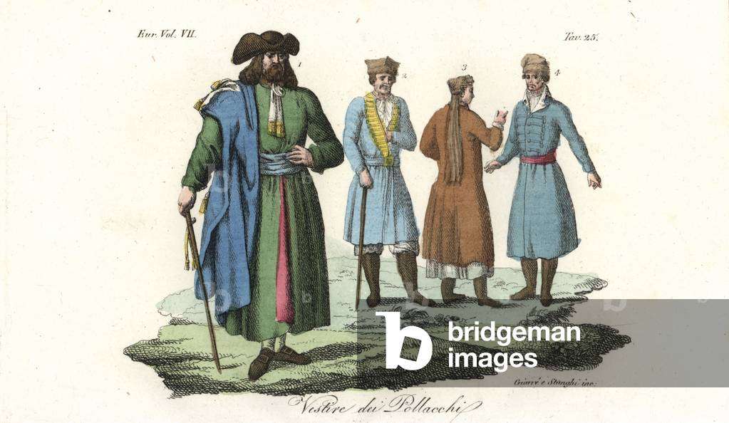 Polish costumes, 18th century: Polish Jew 1, Polish man in formal wear 2, woman 3, and man in regular clothes 4. Handcoloured copperplate engraving by Giarre and Stanghi from Giulio Ferrario's Costumes Ancient and Modern of the Peoples of the World, 1847.
