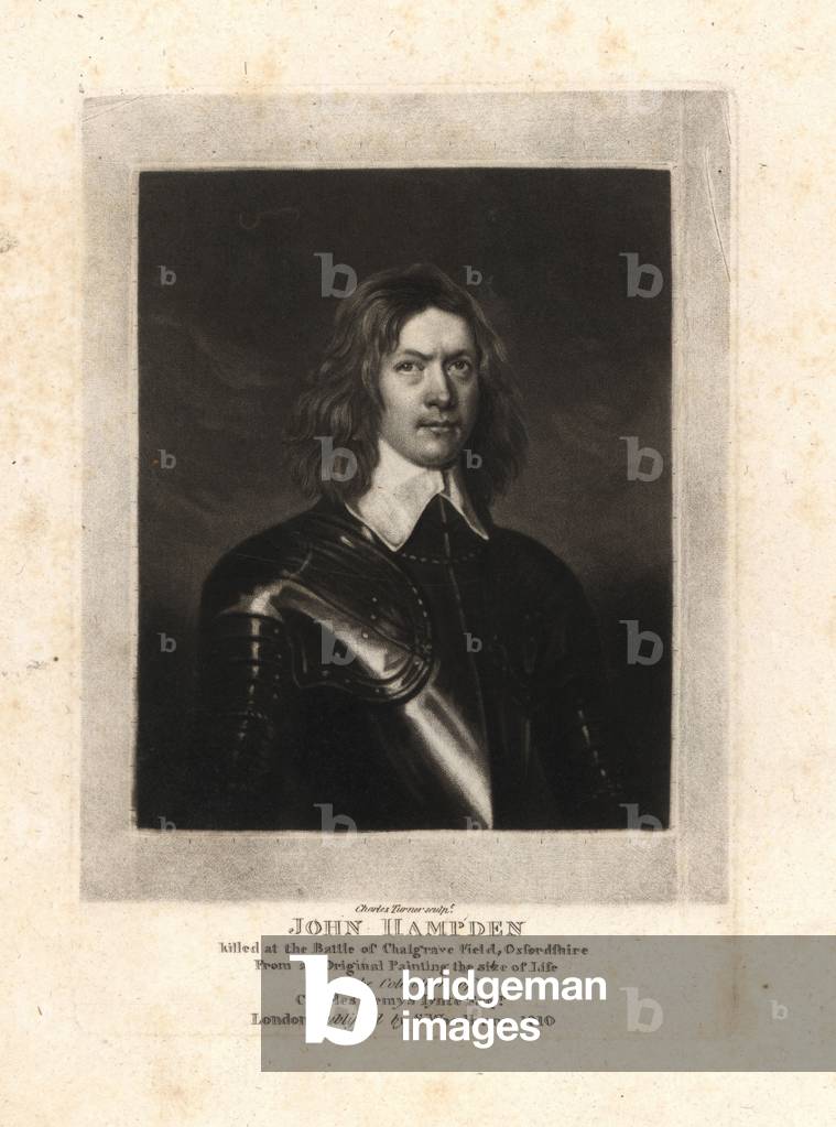 John Hampden, Parliamentarian colonel killed at the Battle of Chalgrave Field, 1643. Copperplate mezzotint by Charles Turner after an original painting from Samuel Woodburn's Portraits of Characters Illustrious in British History, London, 1810.
