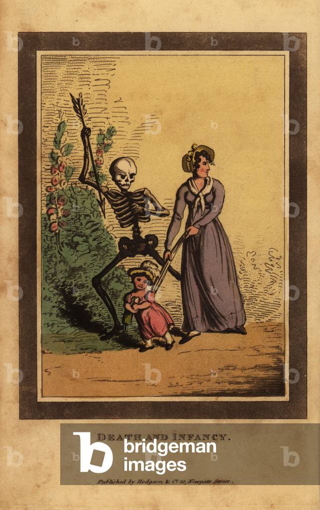 Skeleton of death aiming a dart at a child.
