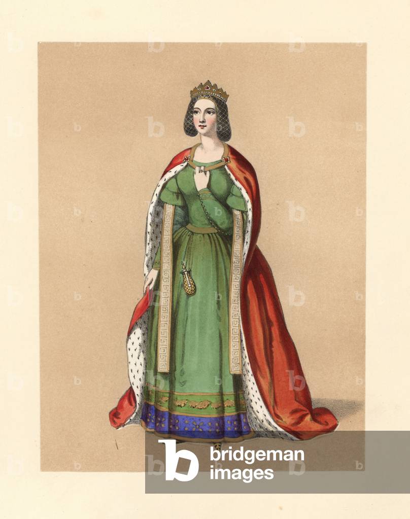 Dress (Dress) of the reign of Edward III, 1327-1377. She wears a gold crown over a hairnet, an ermine-lined mantle over a green dress, with a purse hanging from her belt.Based on a brassed of the wife of William de Wynston, Necton Church, Royal manuscript, “” Vision of Piers Ploughman,”” brassed of Lady Harvick, South Acre Church, Norfolk. Handcoloured lithograph from “” Costumes of British Ladies from the Time of William the First to the Reign of Queen Victoria”, London, Dickinson and Son, 1840.
