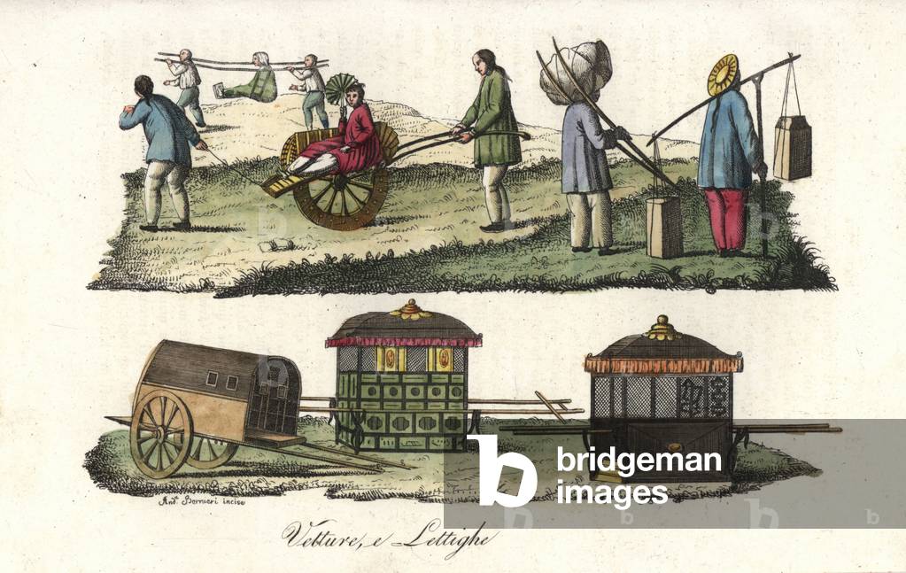 Chinese sedan chairs, wagons, harness and yoke. Handcoloured copperplate engraving by Andrea Bernieri from Giulio Ferrario's Costumes Antique and Modern of All Peoples (Il Costume Antico e Moderno di Tutti i i Popoli), Florence, 1842.