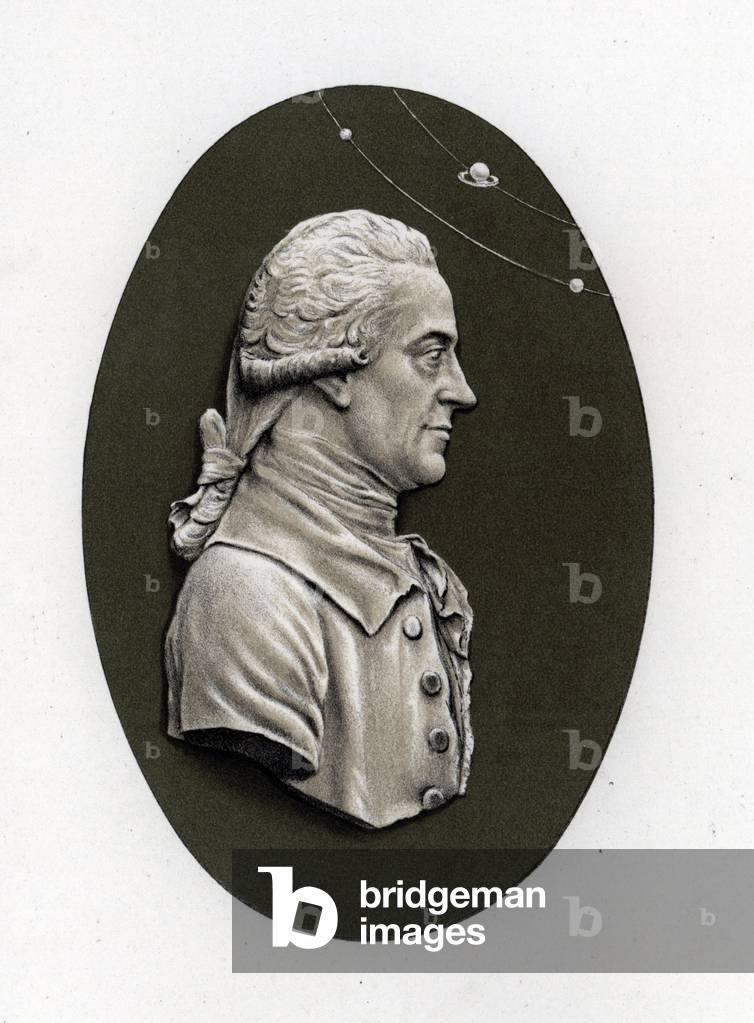 Medallion portrait of astronomer Sir William Herschel. Chromolithograph drawn by Grivell and lithographed by Parrot et Co. from Frederick Rathone's Old Wedgwood, the Decorative or Artistic Ceramic Work Produced by Josiah Wedgwood, Quaritch, London, 1898.