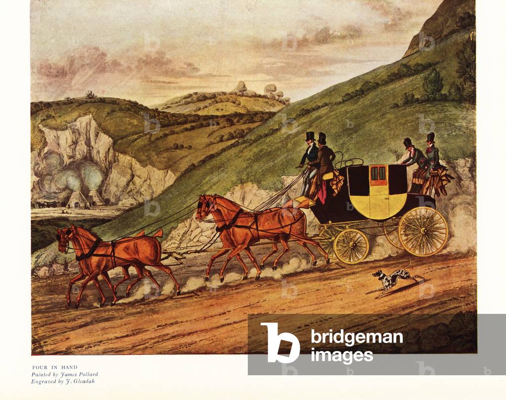 Four in hand. Four-horse stage coach racing along a dusty country road, 1820s. Color print after an engraving by J. Gleadah from an illustration by James Pollard in Ralph Nevill’s Old Sporting Prints, The Connoisseur Magazine, London, 1908.