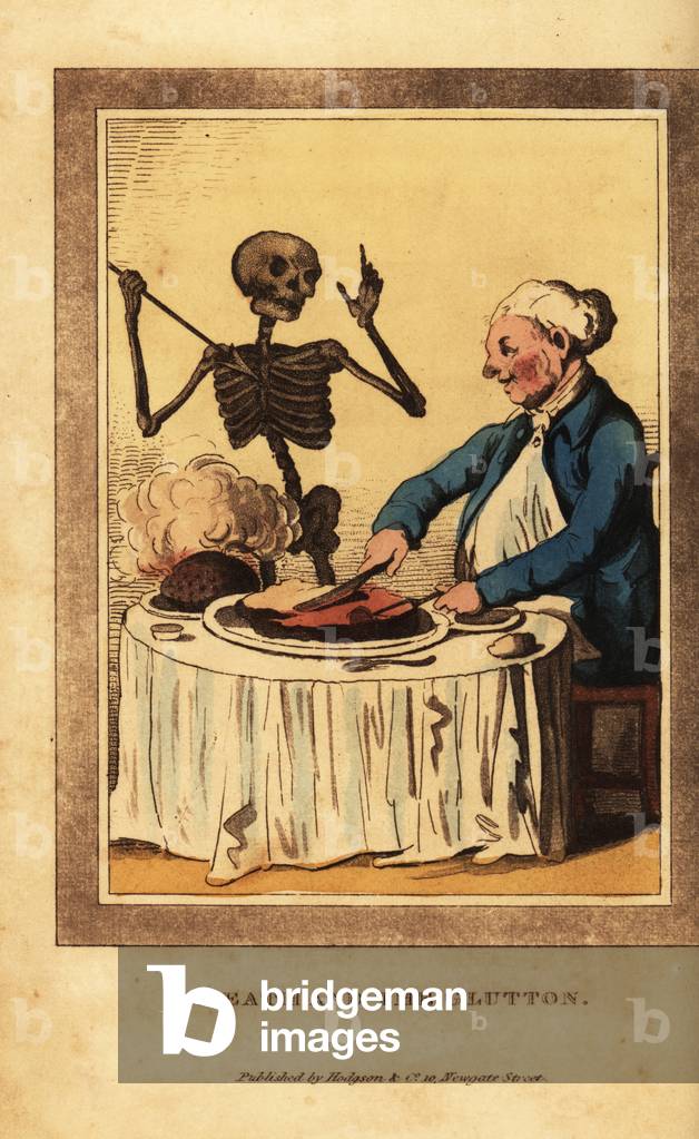 Skeleton of death aiming a dart at a corpulent man eating.