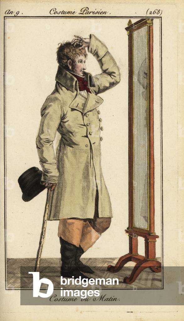 Dandy or Incroyable in morning outfit, 1800 (handcoloured copperplate engraving)