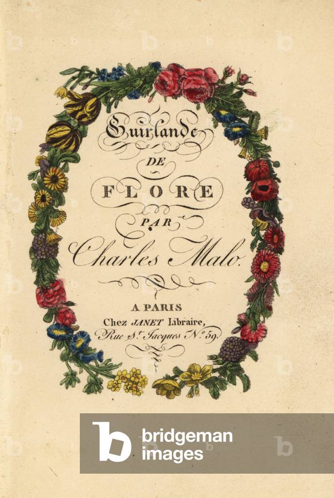 Calligraphic title page within a floral wreath of roses, tulips, and other flowers