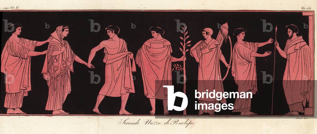 The bride Penelope in wedding veil with her pronuba or matron of honor