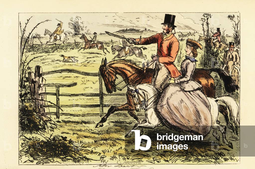 English lady riding sidesaddle in a fox hunt, 19th century