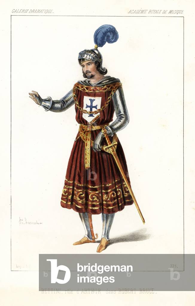 Italian tenor Geremia Bettini as Arthur in the pastiche opera Robert Bruce by Gioachino Rossini, Royal Academy of Music, 1846. Handcoloured lithograph after an illustration by Alexandre Lacauchie from Victor Dollet's Galerie Dramatique: Costumes des Theatres de Paris, Paris, 1846.