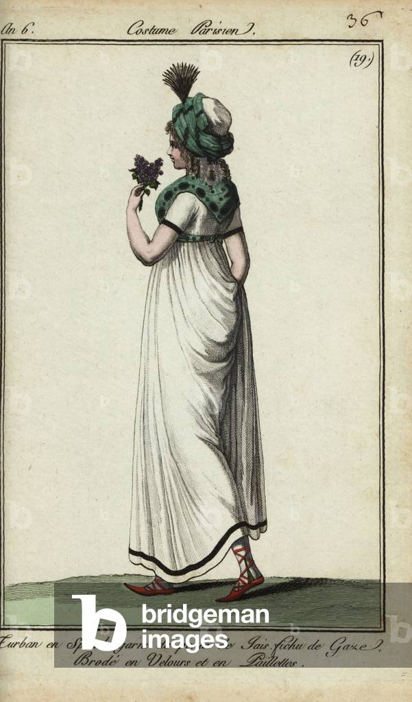 Woman in the fashion of 1798 (handcoloured copperplate engraving)