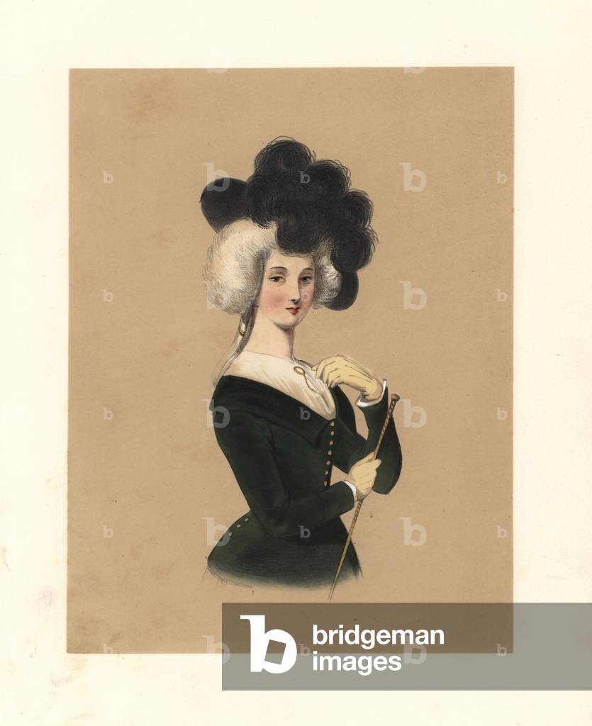 Dress (Dress) of the reign of George III, 1760-1820. Woman in black hat with black plumes over a bouffant hairstyle, wearing a green velvet riding jacket, tan gloves, and carrying a crop. From a family picture by John Hoppner in the riding dress worn by the lady represented. Handcoloured lithograph from “” Costumes of British Ladies from the Time of William the First to the Reign of Queen Victoria”, London, Dickinson and Son, 1840.