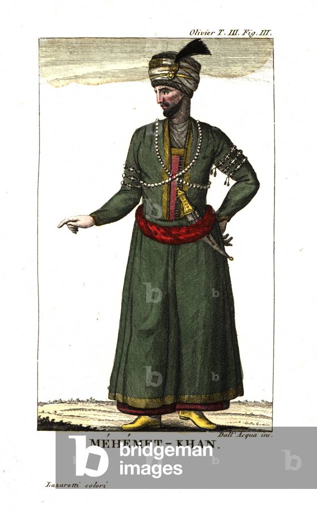 Portrait of Shah Mohammad Ali Han of Persia (Mohammad Ali Khan Zand, Mehemet Khan), 1760-1779. Illustration from Guillaume Antoine Olivier (1756-1814) Travels in the Ottoman Empire, Egypt and Persia, 1801. Copperplate engraving by dell'Acqua handcoloured by Lazaretti from Giovanni Battista Sonzogno's Collection of the Most Interesting Voyages (Raccolta de Viaggi Piu Interessanti), Milan, 1815-1817
