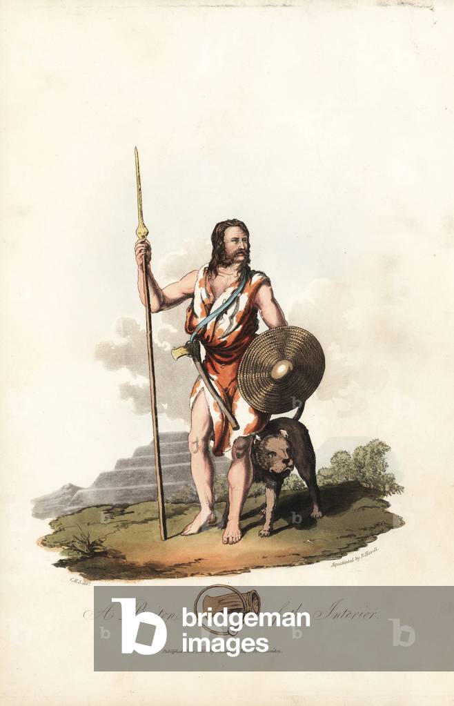 British Antiquite (pre-Roman period, before 1st century): A British warrior (Scotland), armed with a spear and an axe, holding his shield, in front of a Fortress Caterthun - Fortress of Robert Havell (1793-1878) from an illustration by Charles Hamilton Smith (1776-1859), from the original Costume of the inhabitants of the British Isles, by Samuel Meyrick (1783-1848), 1821 - A Briton of the interior, carrying tarian (shield), fonwayw (spear) and bwyell-arv (battle axe), from the Pre-Roman era - In front of a Catterthun fortress - Handcoloured aquatint by R. Havell from an illustration by Charles Hamilton Smith from Samuel Meyrick's Costume of the Original Inhabitants of the British Islands, London, 1821