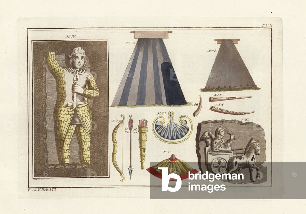 Statue of a man in Anglo Saxon hauberk 76, tents 77,78, bow 79, arrow 80, quiver 81, shields 82,83, horn 84, trumpets 85,86 and chariot 87. Handcoloured copperplate engraving by Paul Weindl from Robert von Spalart's “” Historical Picture of the Costumes of the Principal People of Antiquity and of the Middle Ages,””” Chez Collignon, Metz, 1810.