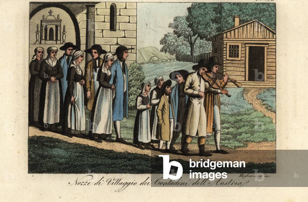 Peasant wedding in a village in Austria, 1822 (handcoloured copperplate engraving)