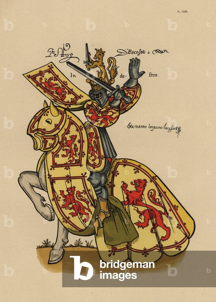 King of Scotland, roi des Ecossais, with lion rampant standard and crest on helm