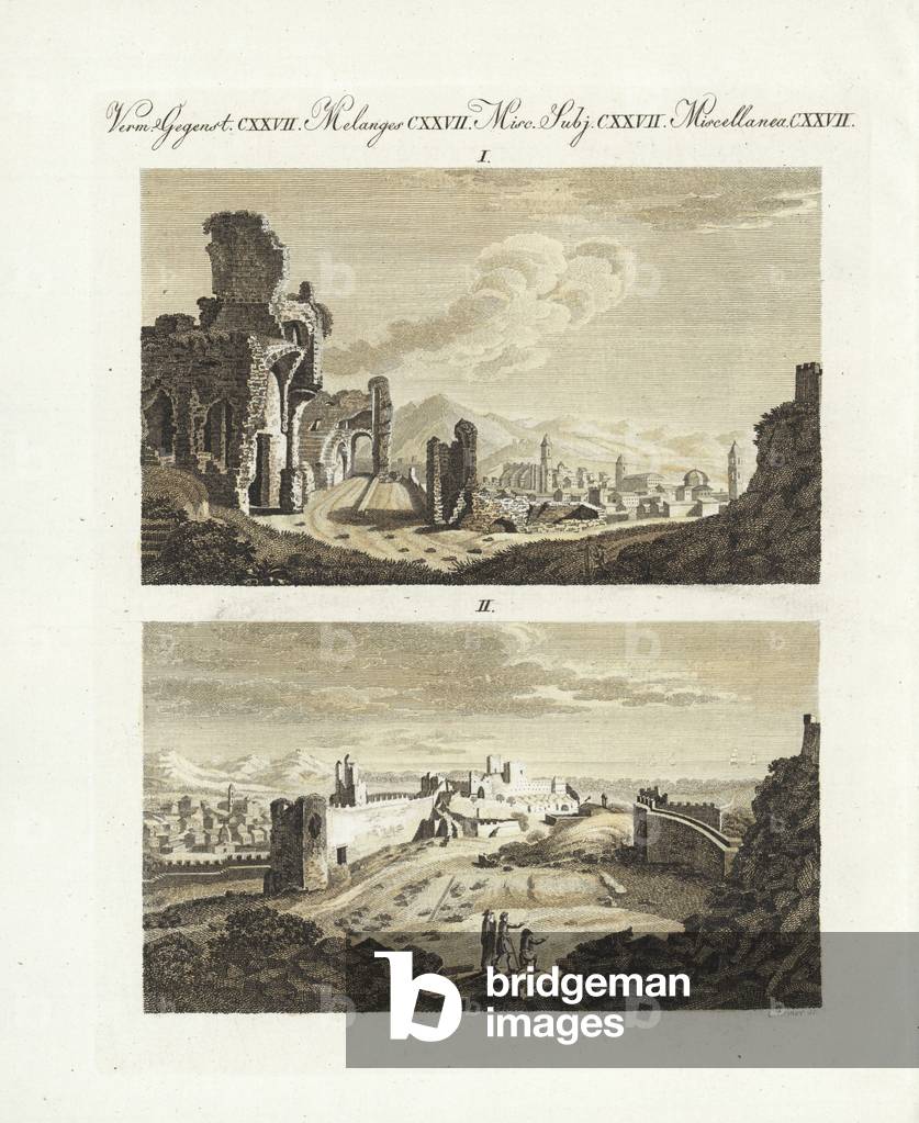 Ruins of the ancient town of Sagunto, Spain, circa 1800. Part of the theatre 1, and ruins of the citadel 2. Handcoloured copperplate engraving from Bertuch's “” Bilderbuch fur Kinder”” (Picture Book for Children), Weimar, 1807. Friedrich Johann Bertuch (1747-1822) was a German publisher and man of arts most famous for his 12-volume encyclopedia for children illustrated with 1,200 engraved plates on natural history, science, costume, mythology, etc., published from 1790-1830.