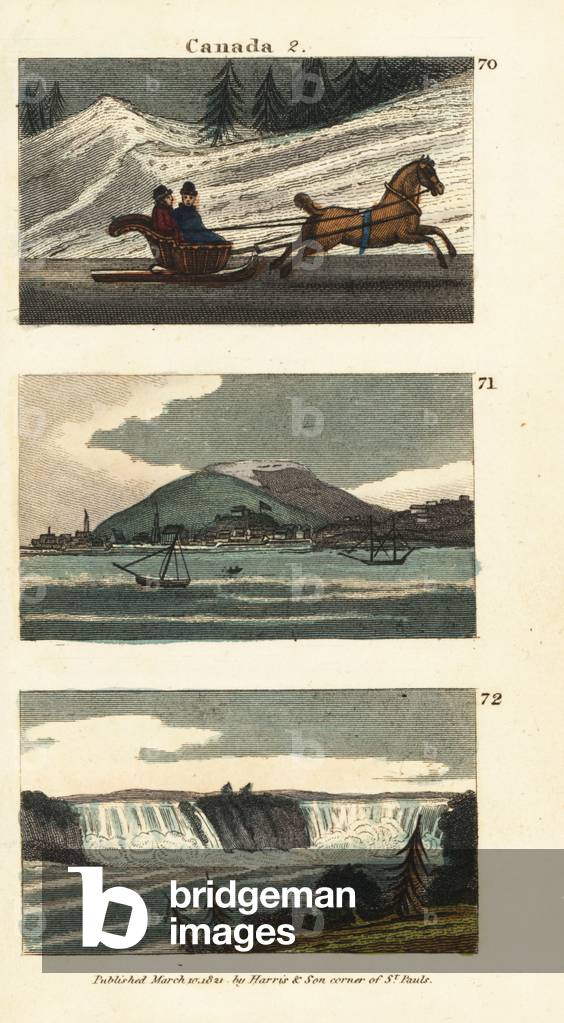 Inhabitants of Quebec riding a horse-drawn cariole or sledge on ice 70, view of Montreal 71, and view of Niagara Falls 72