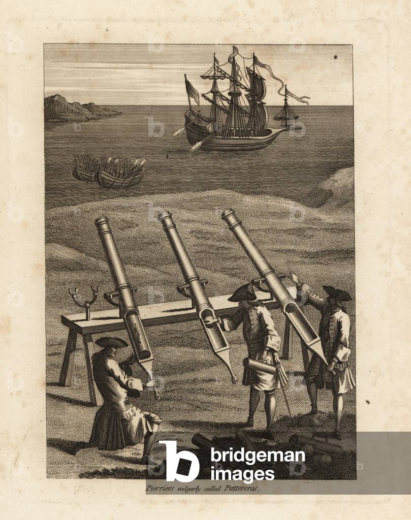 Pierriers firing stones at a ship in a bay