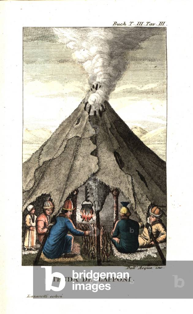 Sami people or Lapplanders in a tent made of sail and stakes. Seats made of soft reindeer skins and woollen covers. Illustration From Leopold von Buch (1774-1853) Travels through Norway, and Lapland, 1813. Copperplate engraving by dell'Acqua handcoloured by Lazaretti from Giovanni Battista Sonzogno's Collection of the Most Interesting Voyages (Raccolta de Viaggi Piu Interessanti), Milan, 1815-1817