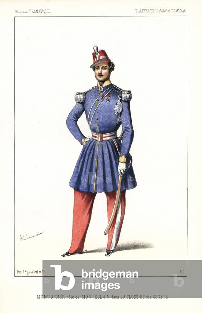 French actor Montdidier (Jean-Louis Labriche) as Monteclain in La Closerie des Genets by Frederic Soulie, Theatre de l'Ambigu Comique, 1846. Handcoloured lithograph after an illustration by Alexandre Lacauchie from Victor Dollet's Galerie Dramatique: Costumes des Theatres de Paris, Paris, 1846.
