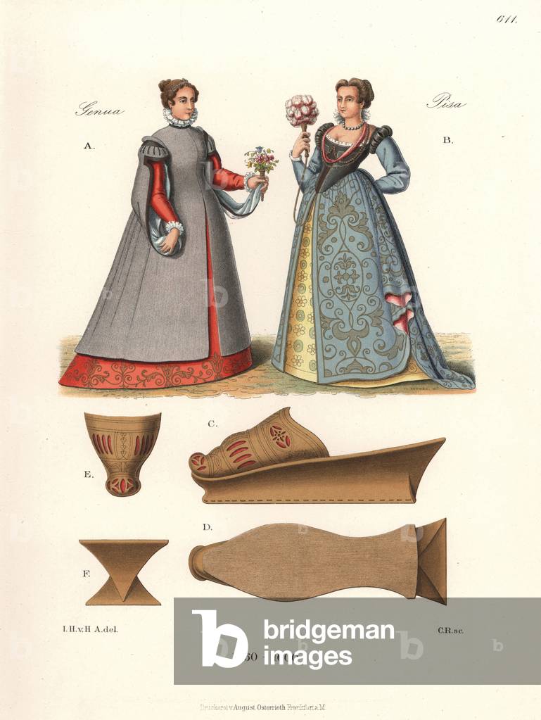 Woman of Genoa with bouquet A, woman of Pisa holding a feather fan B, and details of a pair of Venetian woman's shoes in sheepskin C, D, E, F. 1560-1600 Chromolithograph from Hefner-Alteneck's Costumes, Artworks and Appliances from the Middle Ages to the 17th Century, Frankfurt, 1889. Illustration by Dr. Jakob Heinrich von Hefner-Alteneck, lithographed by C. Regnier. Dr. Hefner-Alteneck (1811-1903) was a German museum curator, archaeologist, art historian, illustrator and etcher.