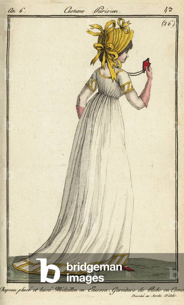 Woman dressed for the Jardin d'Idalie pleasure gardens, 1798 (handcoloured copperplate engraving)