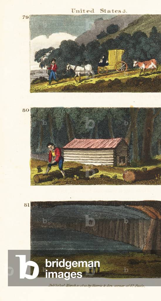 Settlers in a waggon traveling to the western states 79,  settlers building a log cabin 80, and view of Mammoth Cave in Kentucky 81