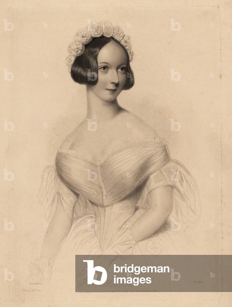 Miss Gore. In off-the-shoulder dress with tight waist, hair decorated with a garland of roses. Steel stipple engraving by William Henry Mote after an illustration by William Drummond from Charles Heath’s English Pearls, or Portraits for the Boudoir, Tilt and Bogue, London, 1843.