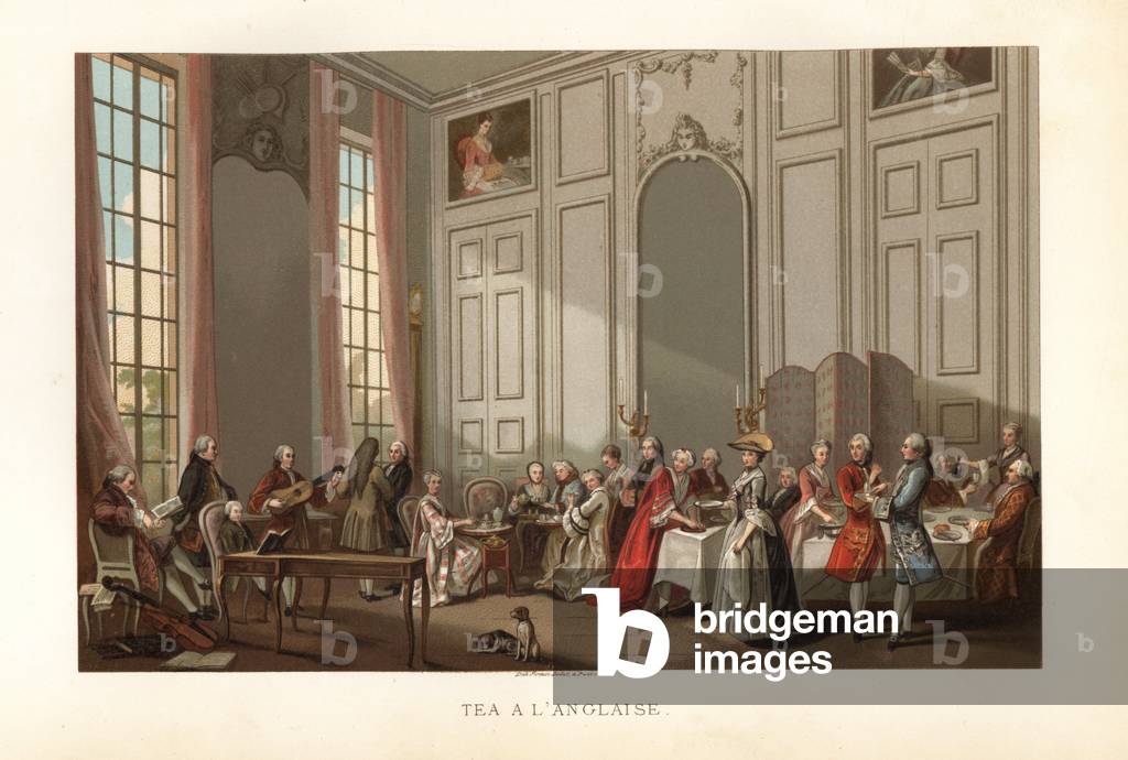 Fashionable society enjoying Tea a l'Anglais, English tea, in a drawing room, 18th century. With music from players on harpsichord and lute. Chromolithograph from Paul Lacroix 'The Eighteenth Century: Its Institutions, Customs, and Costumes, London, 1876.