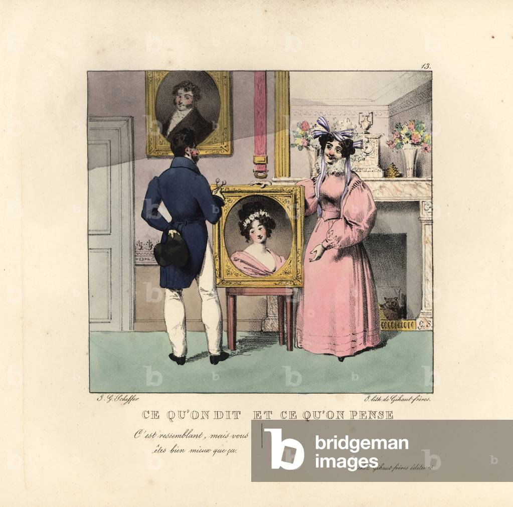 Gentleman and ugly lady with beautiful portrait in a parlour. He flatters her with, It looks like you, but you are more beautiful in the flesh. Handcoloured lithograph by the Gihaut brothers after an illustration by Swiss artist Jean Gabriel Scheffer from Petites Scenes du Monde, What we say and what we think, Gihaut Freres, Paris, 1829.