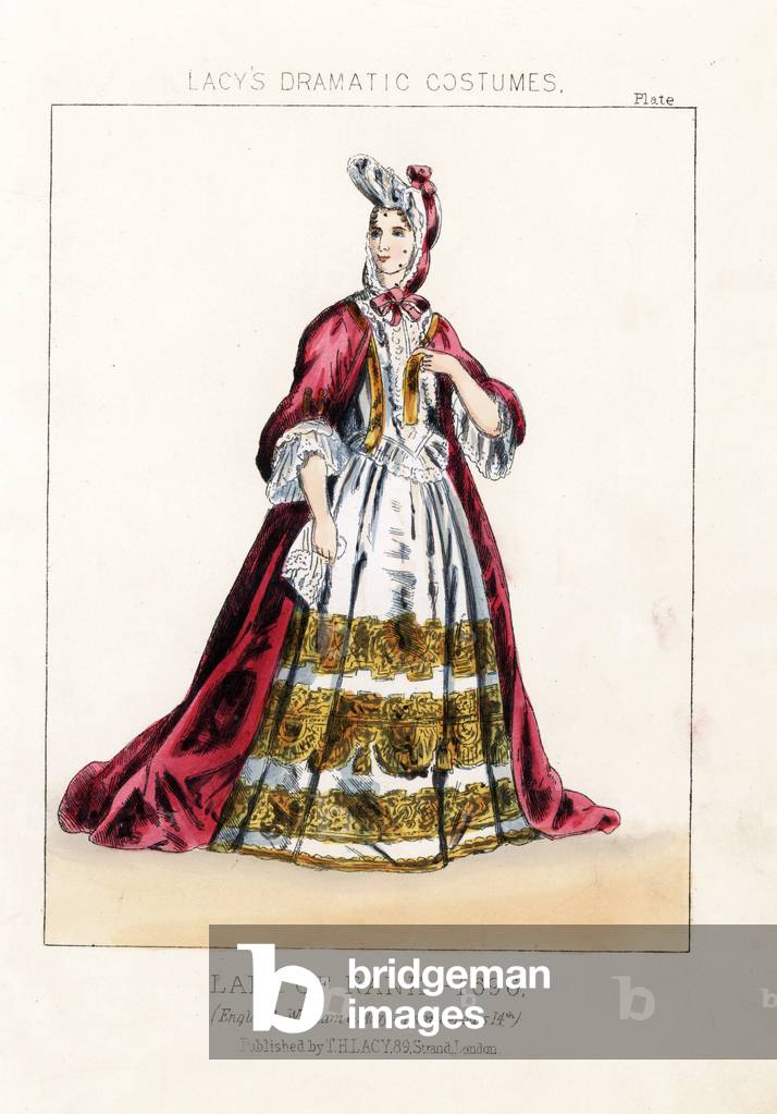 Costume of a lady of rank, reign of William and Mary, 1696. Handcoloured lithograph from Thomas Hailes Lacy's 