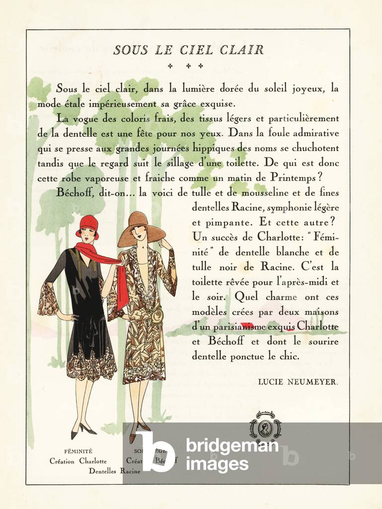 Elegant Women in Tulle, Chiffon and Lace Afternoon Dresses, 1926 - Women in afternoon dresses of tulle, muslin and lace - Lithograph with stencil handcolour from the luxury French fashion magazine “” Art, Gout, Beaute,”” 1926