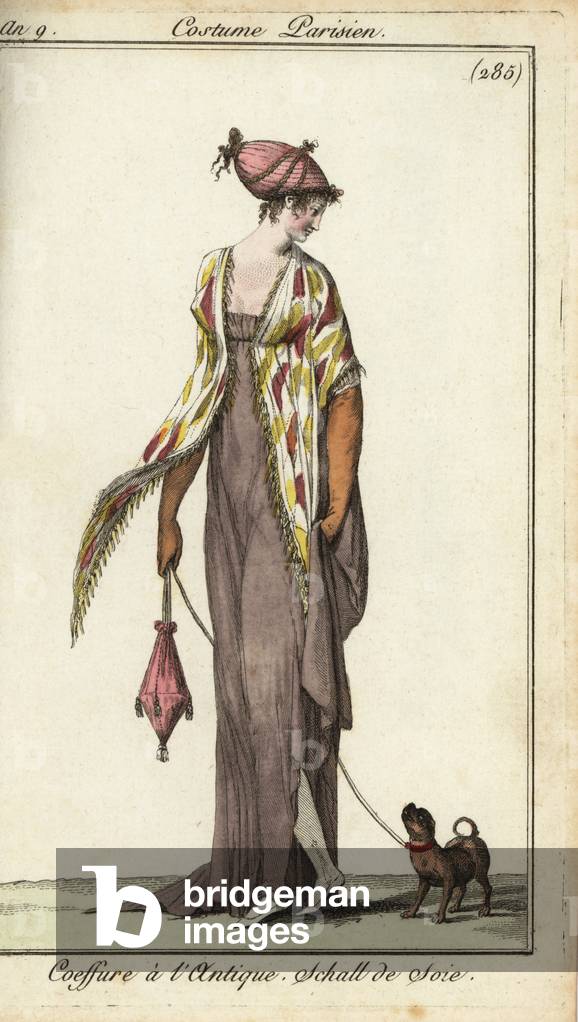 Fashionable woman walking her toy dog, 1801 (handcoloured copperplate engraving)