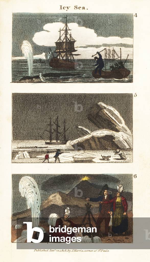 Whalers harpooning whales in the North Sea 4, sailors walking on ice fields in the Arctic 5, and view of Hekla volcano and geyser in Iceland 6
