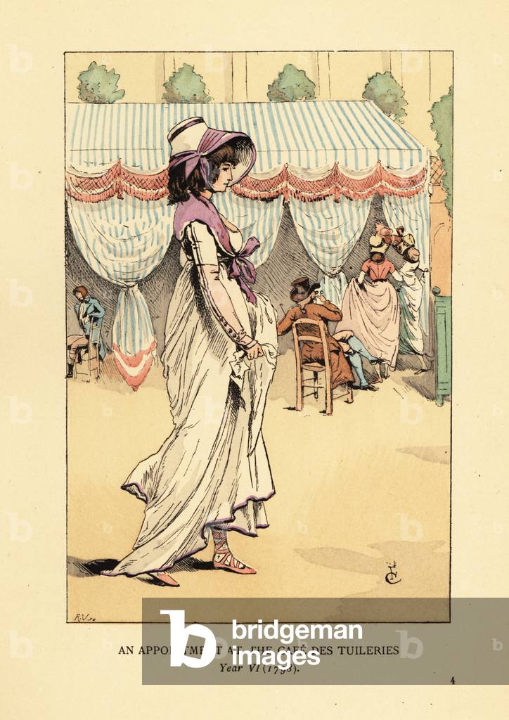 Fashionable woman arriving for an appointment at the Cafe des Tuileries, Paris, Year VI, 1798. She wears a bonnet, lilac fichu, low-cut classical style dress, sandals.