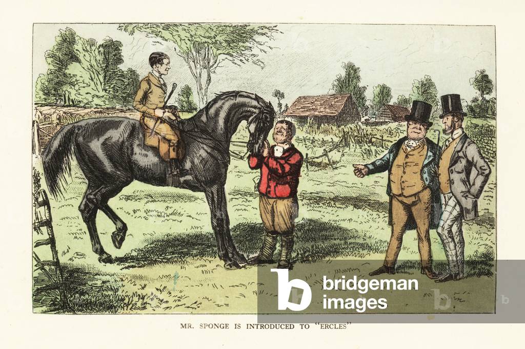 Two English gentlemen evaluating a horse in a paddock, 19th century