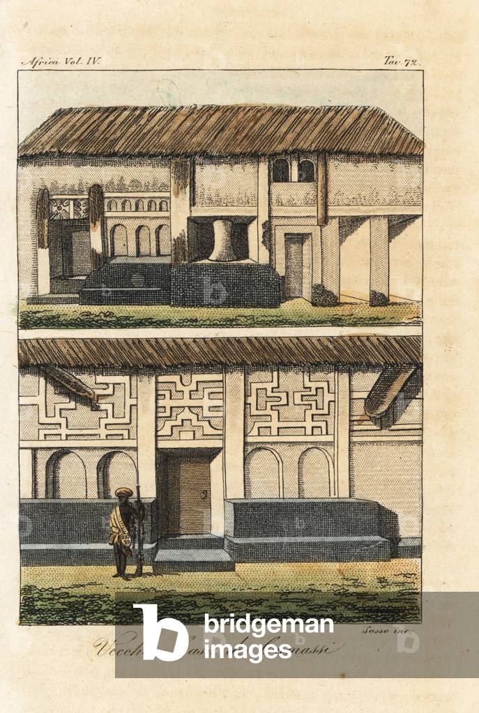 House in Kumasi, Kingdom of Ashanti (Ghana), early 19th century. Handcoloured copperplate engraving by Antonio Sasso from Giulio Ferrario's Ancient and Modern Costumes of all the Peoples of the World, 1843.