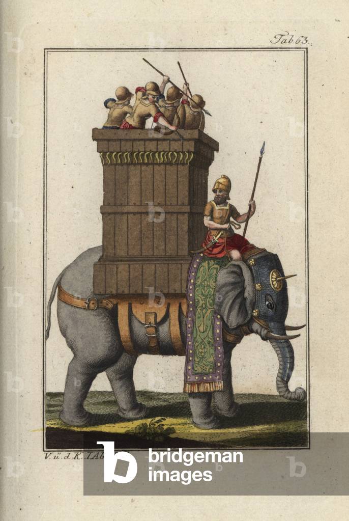 Indian war elephant with soldiers and archers in a tower palanquin. Handcolored copperplate engraving from Robert von Spalart's “” Historical Picture of the Costumes of the Principal People of Antiquity and of the Middle Ages”” (1797).
