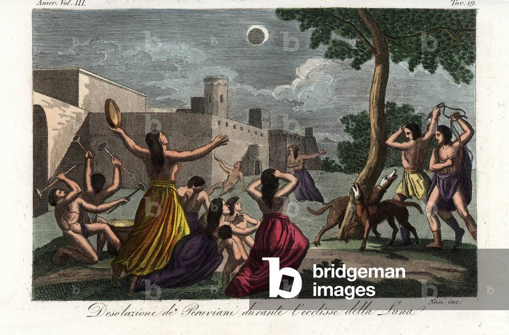 The despair of the sun-worshipping Peruvian Incas during a lunar eclipse. The people banging drums and tambourines, whip dogs and scream to prevent the eclipse. Handcoloured copperplate engraving by Nasi from Giulio Ferrrario's Costumes Antique and Modern of All Peoples (Il Costume Antico e Moderno di Tutti i i Popoli), Florence, 1842.