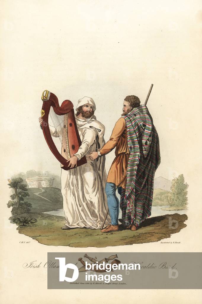British antiquite (pre-Roman period, before 1st century): an Irish sage and a heraldic bard wearing his harp - Forte water by Robert Havell (1793-1878) from an illustration by Charles Hamilton Smith (1776-1859), from Samuel Meyrick's original costume of the inhabitants of the British islands, 1821 - Irish ollamh (dignified philosopher) and a filidhe (herald bard), Pre-roman era - The ollamh wears a saffron cota (tunic), cochal (cloak) and trousers, the filidhe wears white robes and hood, and carries a harp - Handcoloured aquatint by R. Havell from an illustration by Charles Hamilton Smith from Samuel Meyrick's Costume of the London Original Inhabitants of the British Islands,, 1821