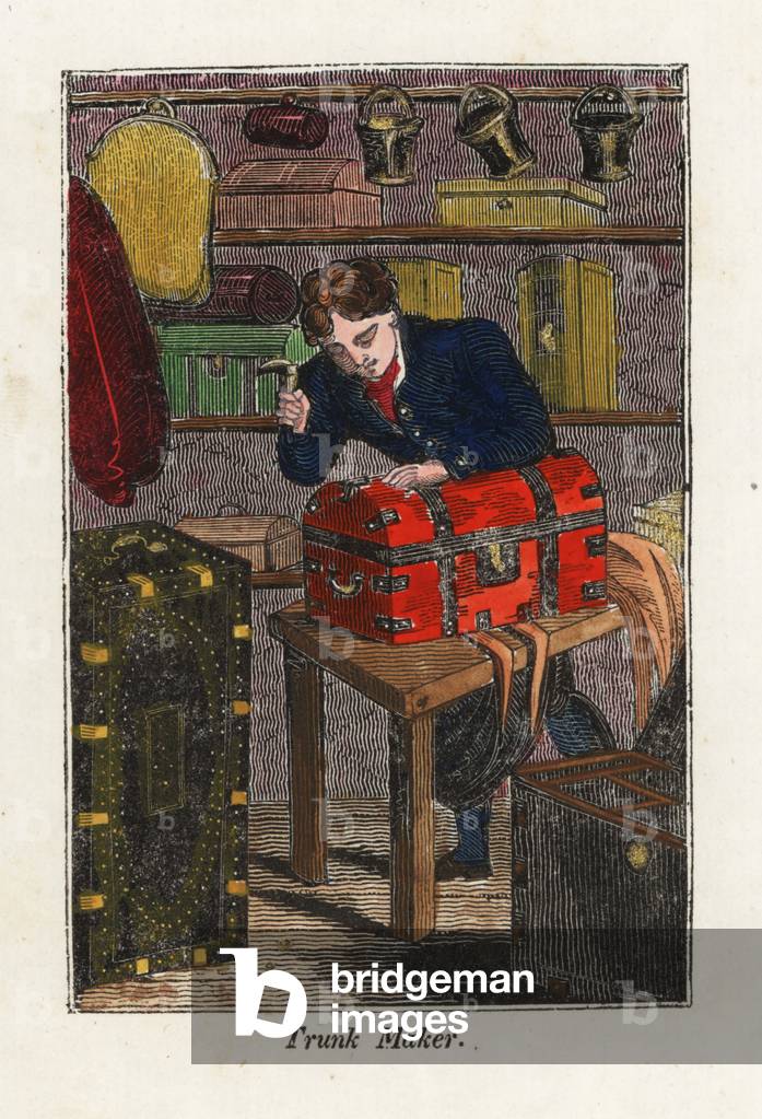 Trunk maker making a leather chest in his workshop. Handcoloured woodcut engraving from The Book of English Trades and Library of the Useful Arts.
